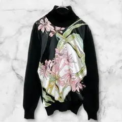 ニット セーター ハイネック 長袖 トップス 花柄 ウール 黒 個性的 L