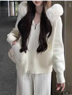 新アイボリー フード付きニットセーター ニットセーターカーディガン ファー