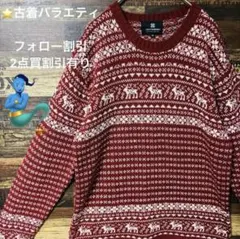 【個性派古着】ニット　ノルディック　M エンジ　希少　総柄　美品　クルーネック