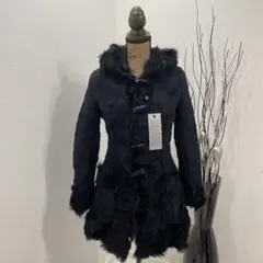 新品S-Mダッフル型パッチワーク総ラム本革コート羊ムートン本皮リアル濃紺ネイビー