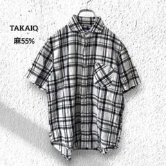タカキュー【M】半袖シャツ チェック柄 麻混ブラウス ポケット 春夏トップスのサムネイル