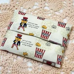 ハンドメイド　ポケットティッシュケース　ポップコーン猫　猫　アイボリー