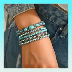 ５点セット ターコイズ レディース ブレスレット ビーズ ボヘミアン ジュエリー