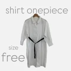 シャツ ワンピース 白 フリーサイズ ベルト付き マタニティ 大きめ 体系カバー