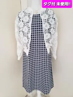 ★大幅お値下げ【タグ付 未使用!!】紺＆白　格子織り　半袖ワンピース　L