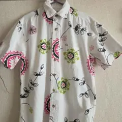 UTILITY canvas 半袖シャツ 総柄 ホワイト ピンク 그린