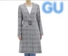 GUチェック柄 ノーカラーロングカーディガン グレー 羽織り 薄手