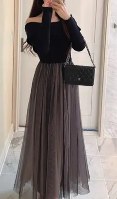 オフショルニットチュールフレアワンピース[dr744]