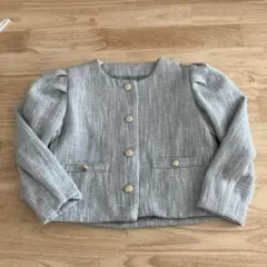 120 ツイード風 ノーカラージャケット グレー 金ボタン フォーマル