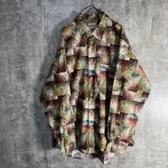 90s アート総柄 シャツ L相当 ビッグサイズ 開襟風 レトロモダン 古着