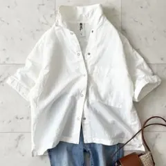 美品♪エムエイチエル　L リネンコットン　シャツ　半袖　ドロップショルダーのサムネイル