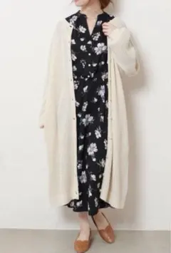 レイカズンワッフル袖ボリュームニットロングカーディガンワンピース