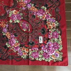 イヴサンローラン　ストール　YSL 花柄　ペイズリー　赤　レッド系