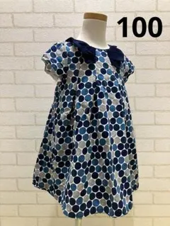 水玉模様 半袖ワンピース 100cm ドット　コーデュロイ　秋冬素材　リボン襟