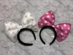 ディズニー　カチューシャ　リボン　デカリボン　白　ピンク　ドット