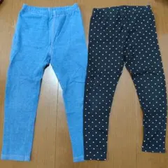 110cm デニム風と黒ハート柄のレギンス２枚セット