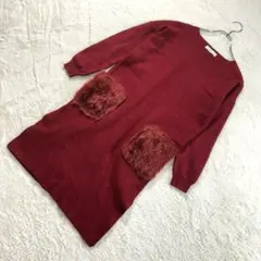 セシルマクビー/M/赤系/ニットワンピース/ファーポケット/Vネック/秋冬