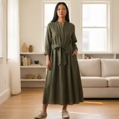 シャツワンピース カーキ Sサイズ コットン100% ベルト付