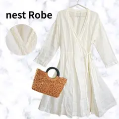 【nest Robe】 リネン 100% ワンピース 麻 刺繍 カシュクール