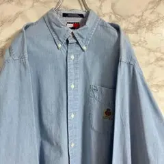 【オールドトミー】トミーヒルフィガー　エンブレム刺繍　デニム調シャツ　水色　Ｌ