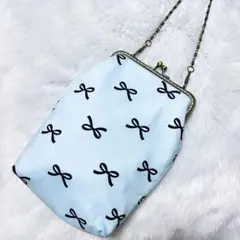 「ちょっとそこまで♫」がま口 ハンドメイド スマホ ポシェット リボン柄 韓国