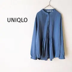 Z【ユニクロ】レーヨンピンタックプルオーバーブラウス L 青 長袖 綺麗め