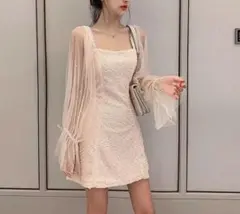 【新品タグ付き】パールラメチュール袖 ツイードミニワンピース ドレス 結婚式