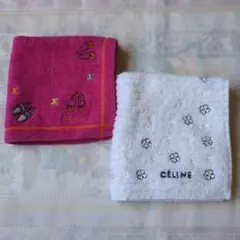 CELINE バレエシューズ刺繍、クローバ刺繍のタオルハンカチ　2枚