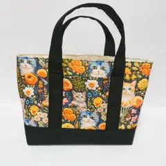 ハンドメイド　猫と花のデザイン トートバッグ