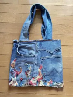 ハンドメイド デニム トートバッグ【Sサイズ】#4 花柄リメイク ジーンズ