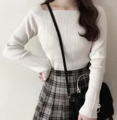 GRL スクエアネックリブニットトップス L ホワイト ラグラン フィット