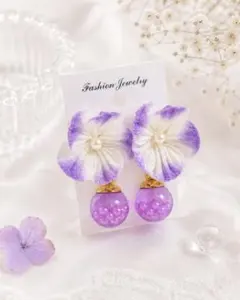 【極美品】つまみ細工 紫 花 ピアス ラベンダー パールのサムネイル