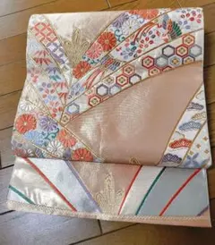 袋帯 花柄 サーモンピンク　シルバー　振袖