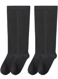 レディース 着圧ソックス 綿混 ハイソックス 美脚 加圧靴下　黒　2足