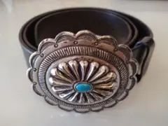 【美品】ラルフローレンターコイズ石付きシルバー調黒ベルトXL