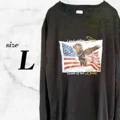 ブラック プリントTシャツ ロング【L】ヴィンテージ風 サラサラ布地 薄手