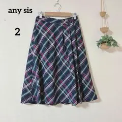 any sis フレアスカート ネイビー ピンク チェック ひざ丈