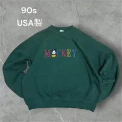 90s USA製 ミッキー刺繍スウェット 緑 短丈 ボックス 古着