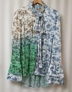 極美品 ロベルトカヴァリ シルク フリルブラウス 花柄 緑 L相当 B2345