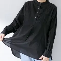 新品　サニーレーベル　スタンドフリルカラーコットンタックドレスシャツ　ブラック
