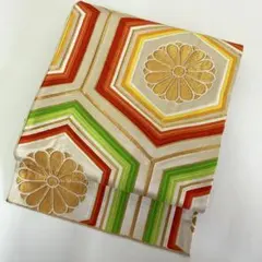 正絹　袋帯　花亀甲文様　菊　六通柄　アイボリー　リメイク　稽古用　O-68