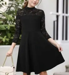 キッズ 七分袖ドレス160ワンピース黒ブラック結婚式フォーマル発表会レース上品