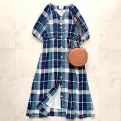 美品 シップスエニィ カラー チェック Vネックフレアワンピース 綿麻 インド製