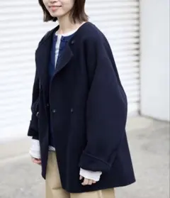 souple woolダブルフェイスノーカラーコート　ネイビー