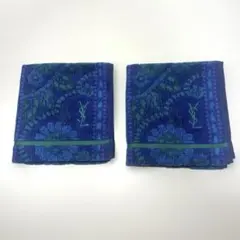 YSL イヴサンローラン タオル 2枚組 35×36 フラワー柄 刺繍 紺/青