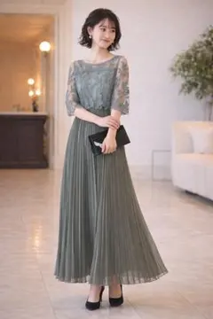 美品　ドリードール　フラワー刺繍　レース切り替え　プリーツロングドレス　L