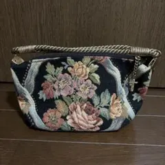 ゴブラン織り がま口 ハンドバッグ 縦ストライプ 刺繍 クラシック柄 