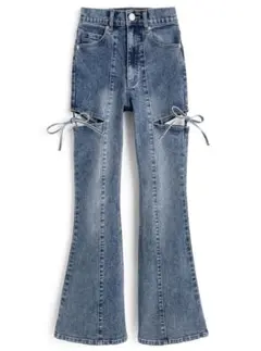 サイドカットアウトリボンフレアデニムパンツ[cu578] グレイル grl