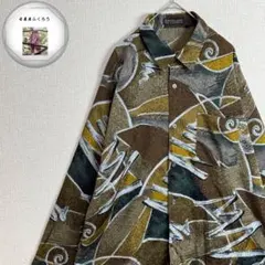 光沢感　抽象模様　総柄　和風　長袖シャツ　黄　茶　緑　古着
