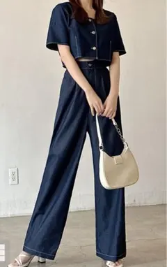 スクエアネック トップス×ワイドパンツ デニム セットアップ